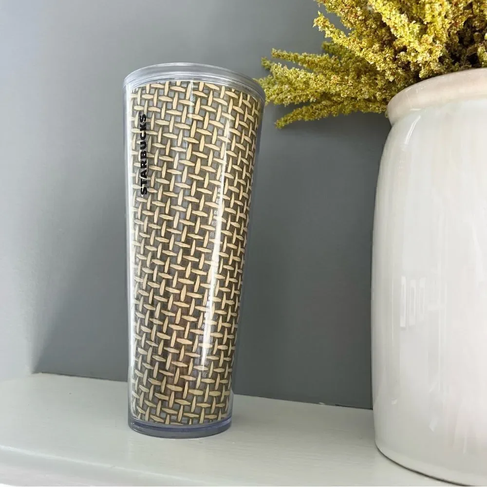 Starbucks Tumbler Cup Venti Cold Drink Burlap Woven Basket Weave Acrylic Cup NWT